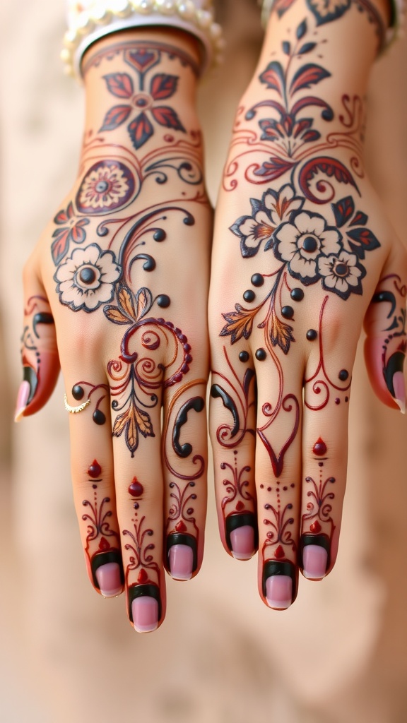 Simple and Elegant Mehndi Designs for Hands Hands with simple mehndi designs featuring floral and geometric patterns.